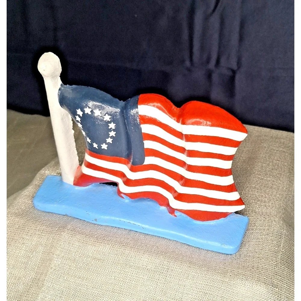 Vntg Door Stop Cast Iron American Flag Colonial 13 Stars Patriotic Doorstop USA